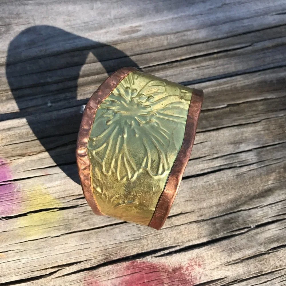 Rustic Brass Copper Cuff Bracelet Wide Floral Cowboy Gift Unisex Rustic Handmade